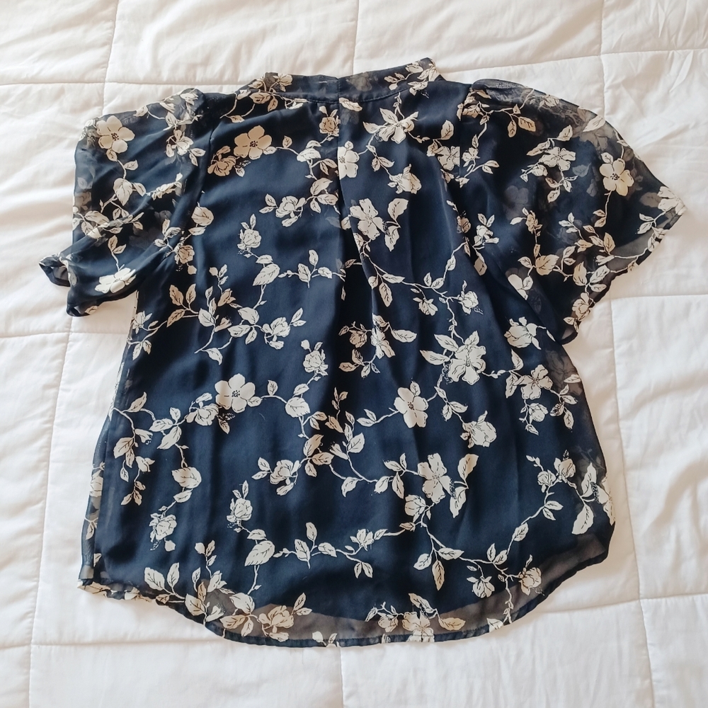 Sienna Sky Black Floral Short Sleeve Bow Blouse Cropped Boho Flowy - Medium - Picture 3 of 9